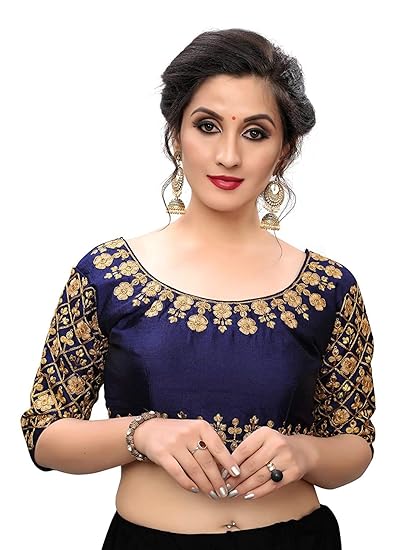 Women's Multicolor Round Neck Embroidery Design Silk Readymade Blouse For Saree and Lehenga Choli
