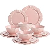 Paris Hilton 12-Piece Dinnerware Set, Embossed Bow Design, Iconic Ceramic Stoneware Service for 4 with Dinner Plates, Salad Plates, and Bowls, Microwave & Dishwasher Safe, Pink