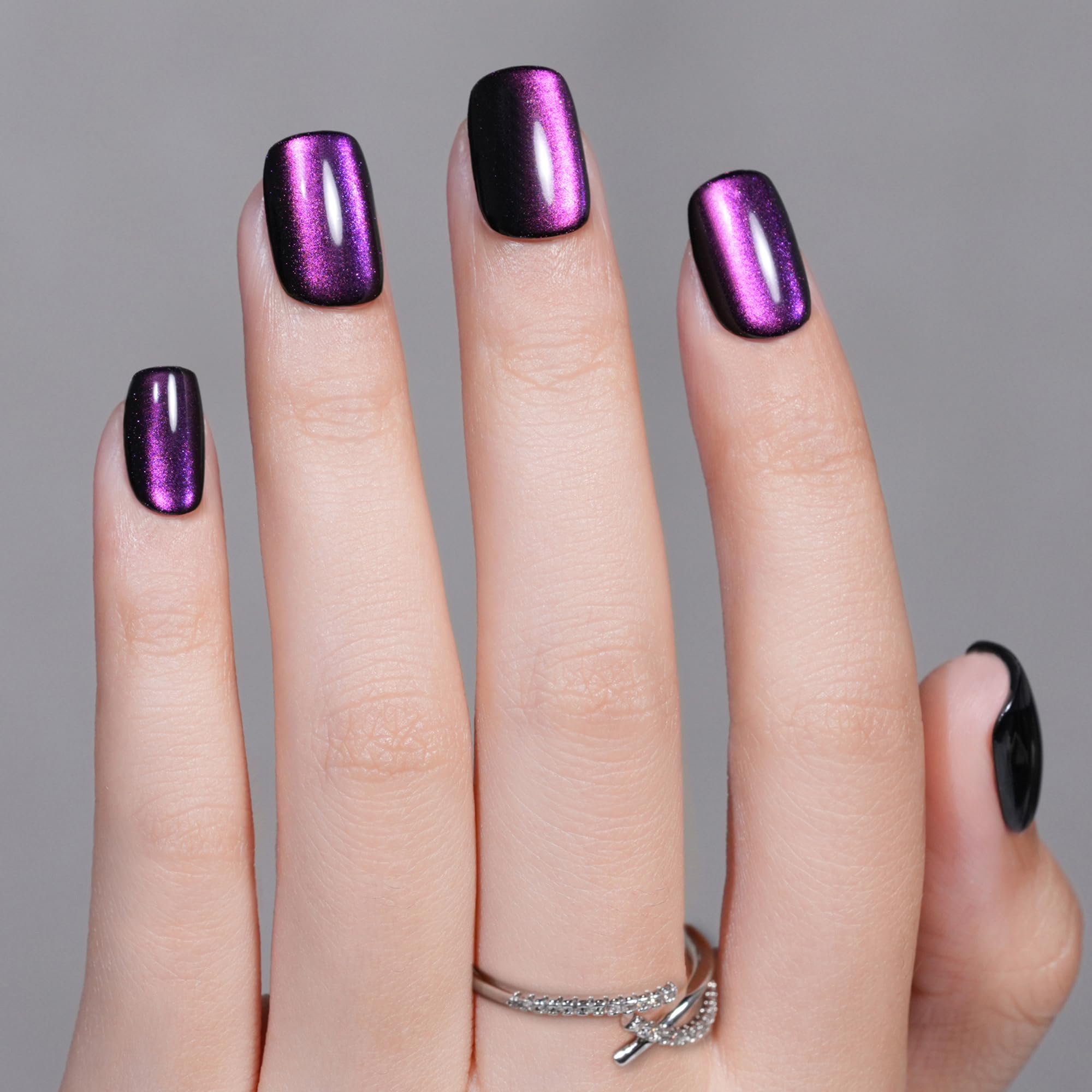 Cat Eye Press on Nails Short, Jofay Fashion Stylish Purple Square Press on Nails, Soft Gel Fake Nails, Reusable & Natural Acrylic False Nails, Stick on Nails for Women Gift, Glue on Nails Kit 32 Pcs - Image 3