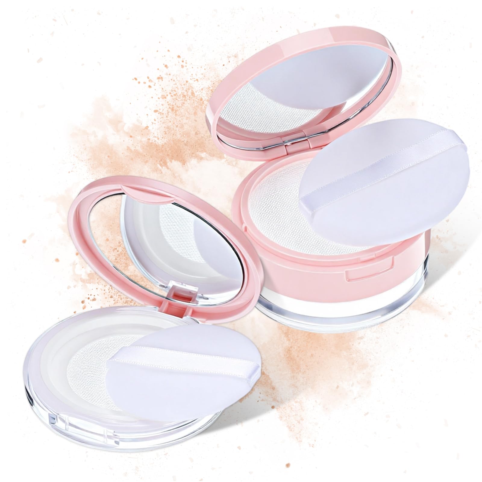 Photo 1 of 2 PCS Refillable Loose Powder Container with Puff, Portable Travel Empty Makeup Powder Case, No Leak Reusable Plastic Cushion Compact Case with Mirror for Women Girls, Pink