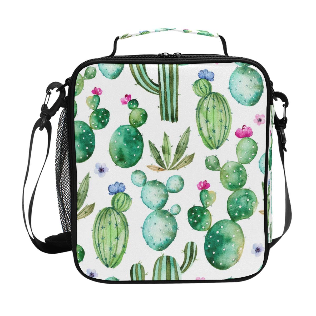 Girls Cactus Lunch Bags Green Succulents Plants Floral Flower Large Insulated Lunch Box Tote Bag Cold Thermal Freezable Shoulder Strap for Kids Teen Women School Work
