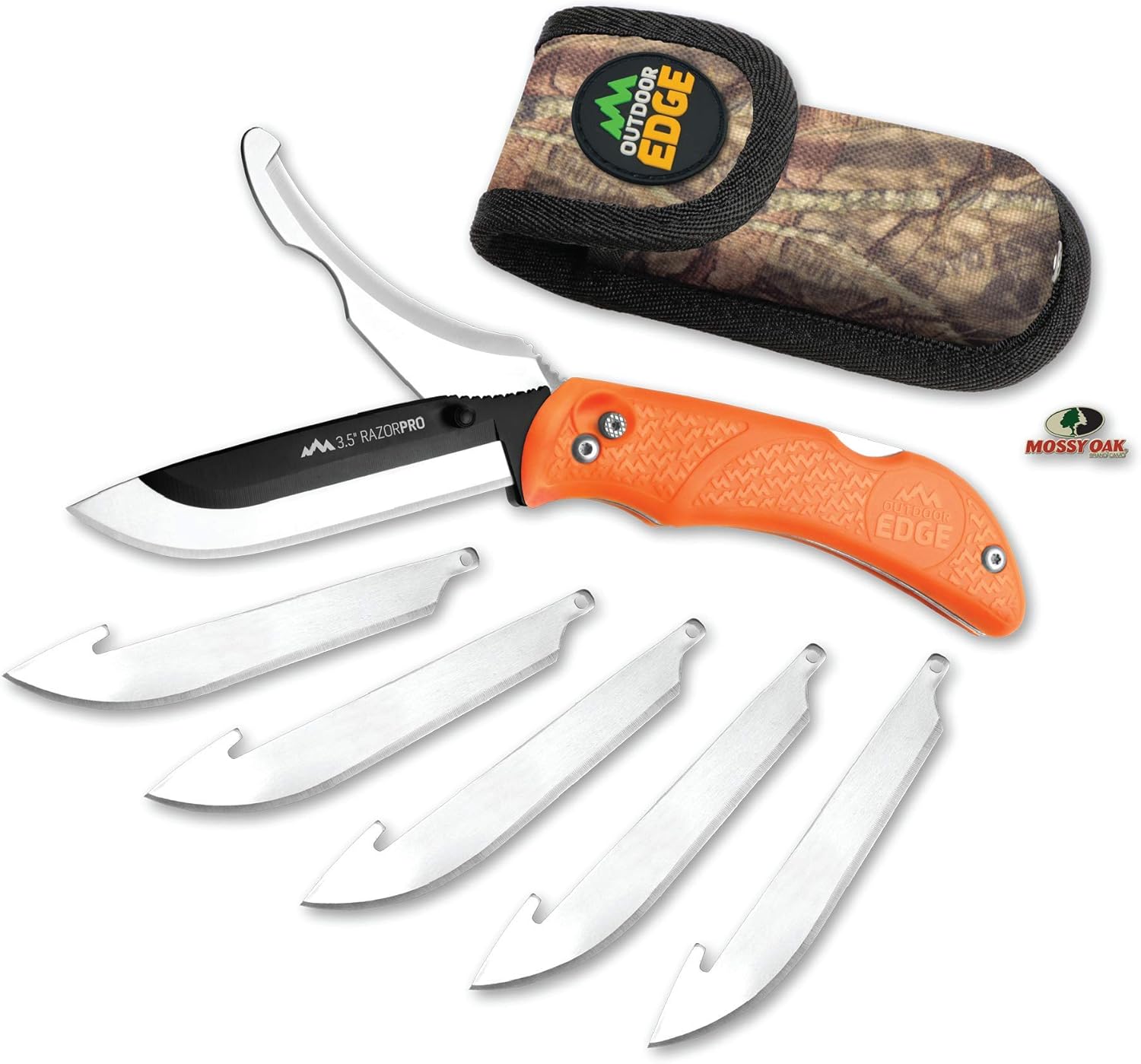 Outdoor Edge RazorPro - Double Blade Folding Hunting Knife with Replaceable Razor Blade, Gutting Blade and Camo Nylon Sheath (Orange, 6 Blades): Sports & Outdoors
