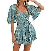 Relipop Women’s Summer Romper Floral V Neck Short Sleeve Waist Tie Ruffle Hem Vacation Outfits 2026 Casual One Piece Jumpsuit