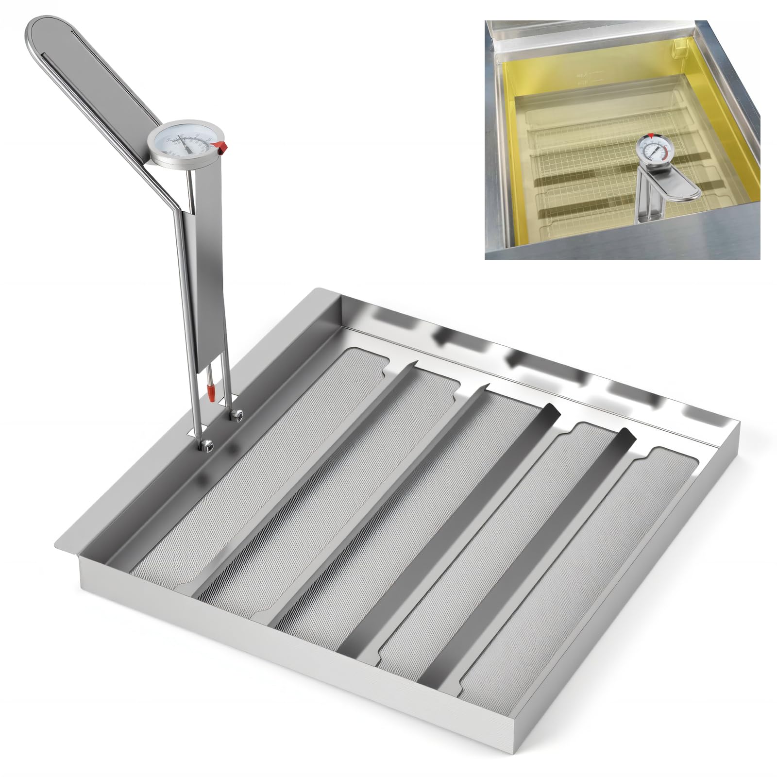 Photo 1 of KodMtiz Commercial TK45 Deep Fryer Filter, 13.5" x 13.5" 304 Stainless Steel Filter Screen with Thermometer, Extend Oil Life by 40%, 550 Micron Skimmer Fryer Strainer for Kitchens & Restaurants