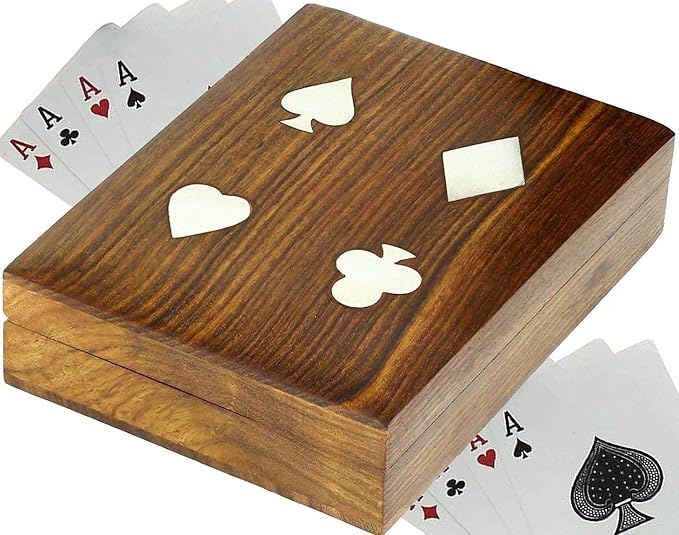 UniqueKrafts Handmade Wooden Playing Card Deck Holder Cards Decks Vintage Brass Inlay Box, Standard