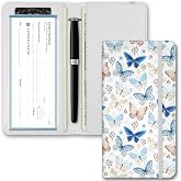 Checkbook Cover for Personal, PU Leather for Women men (Butterfly) | Check Book Holder, RFID Blocking with Elastic Band, Transparent PVC Divider for Duplicate Checks, for Personal and Business