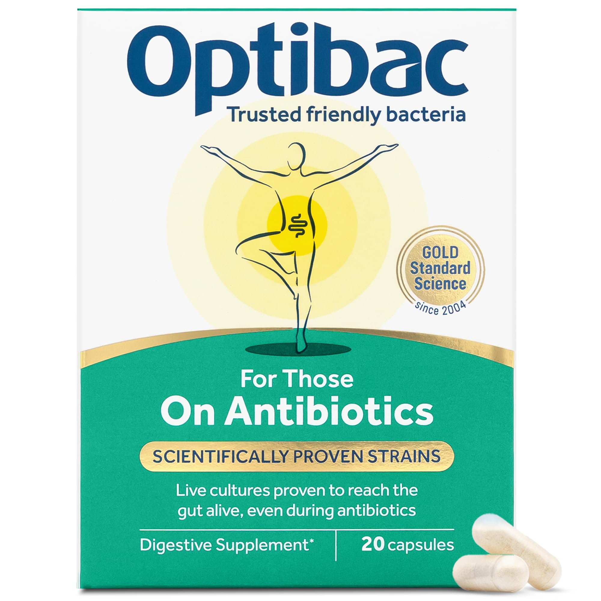 Optibac Probiotics for Those on Antibiotics - Vegan Digestive Probiotic Supplement - Lactobacillus Specifically Researched Alongside Antibiotics - Most Trusted & Recommended Brand - 20 Capsules