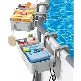 HKQ 【2026 Upgrade】 2 Sets Poolside Storage Basket with Cup Holders | Swimming Pool Storage Basket 3-in-1 Functionality, Perfect Above Ground Pool Accessories for Most Frame Swimming Pools