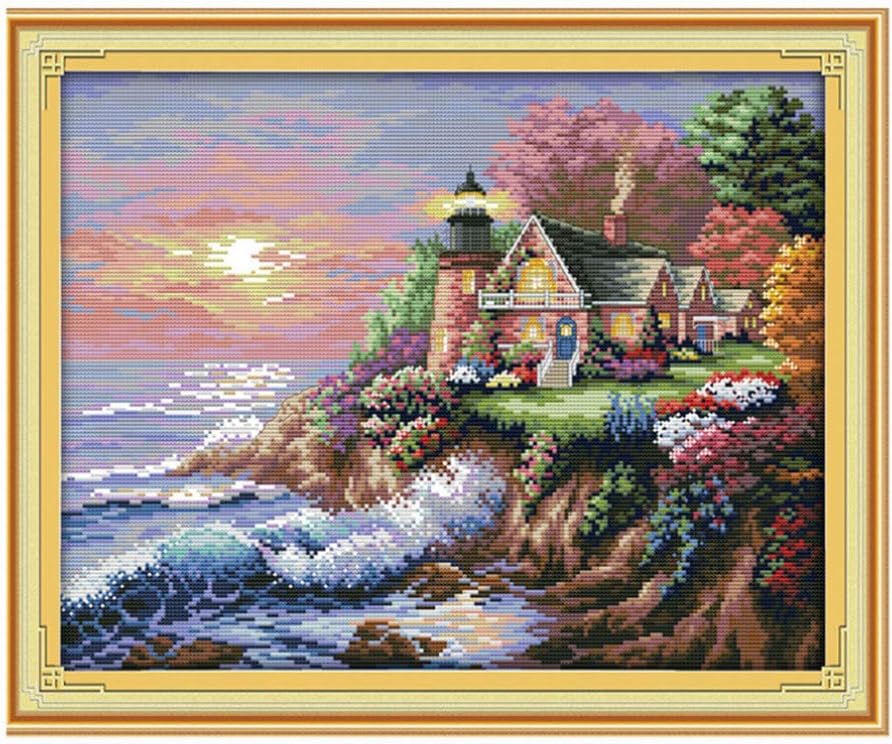 Proumhang 14 CT DIY Cross-Stitching Kits Embroidery Kits Needlework Beginner Cross Stitch 2 Strands Canvas Aida Printed 44cm x 36cm : The Seaside Lighthouse