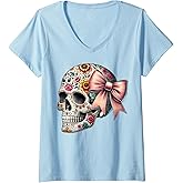 Womens Floral Sugar Skull Graphic Girls Women Sugar Skull Flower V-Neck T-Shirt