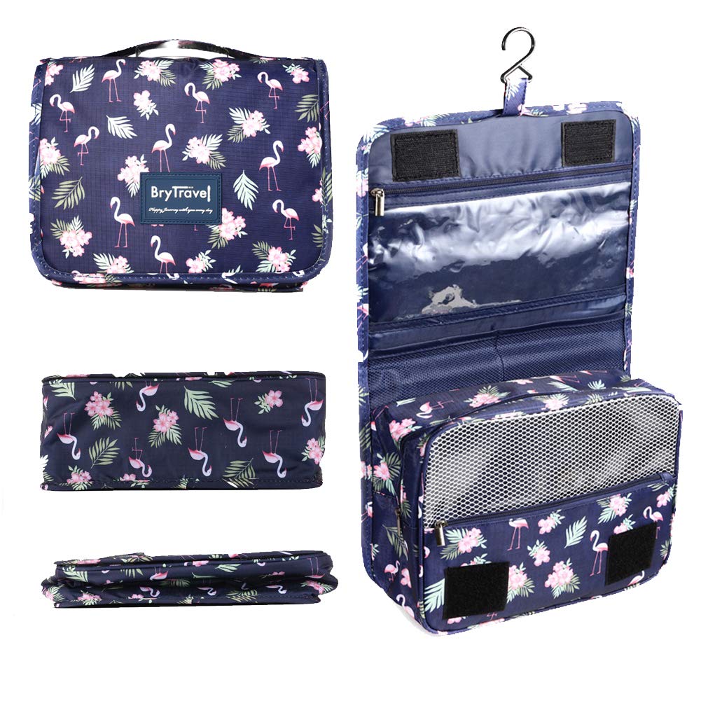 BryTravel Foldable Toiletry Bag with Hook, Upgraded Travel Make-Up Bag, Large Capacity Waterproof Cosmetic Bag Organizer, for Travel, Travel, Gym, Camping, Blue Flamingo, M
