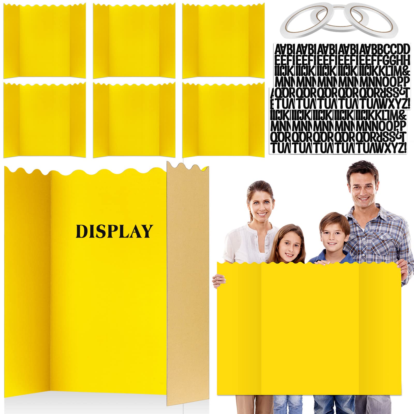 Photo 1 of TaoBary 10 Pack Trifold Presentation Board, Folding Poster Board Presentation, Display Project Paperboard with 10 Sheets Letter Sticker, 3 Rolls of Double Sides Adhesive Tape(28 x 40 Inch,Yellow)