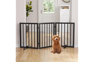 Semiocthome Bamboo Freestanding Dog Gates for Doorways,3-Panel Indoor Puppy Gates for the House with 2 Metal Stands,24"H Folding Pet Gate for Stairs Expands Up to 55"W Fully Assembled Stair Gate Black