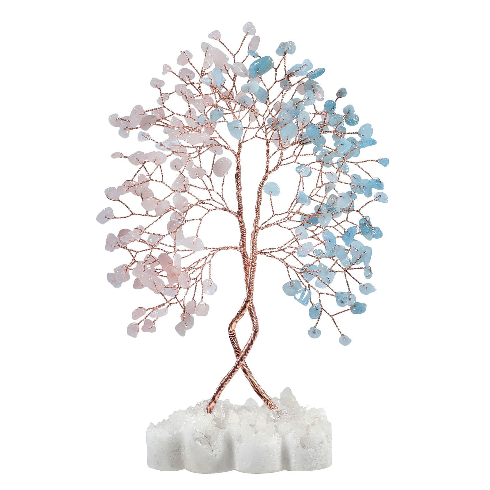 mookaitedecor Natural Rose Quartz & Aquamarine Crystal Tree of Life Ornament with Love Heart Clear Quartz Crystal Cluster Base, Money Tree Home Wedding Decor Valentine Day Anniversary Crystal Gift