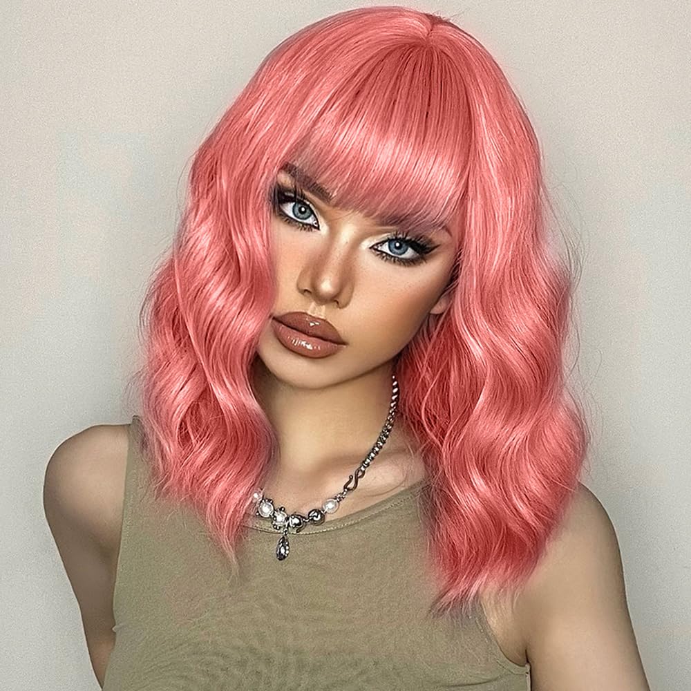 Photo 1 of Ucubb Short Bob Wavy Wig with Bangs for Women Loose Curly Wig Look natural Shoulder Length Bob Synthetic Cosplay Wig for Girl Colorful Costume Wigs