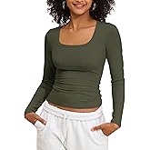 PrettyGuide Womens Cotton Square Neck Tops Slim Fit Long Sleeve Going Out Tops Fall Spring Casual Basic Tees T Shirts