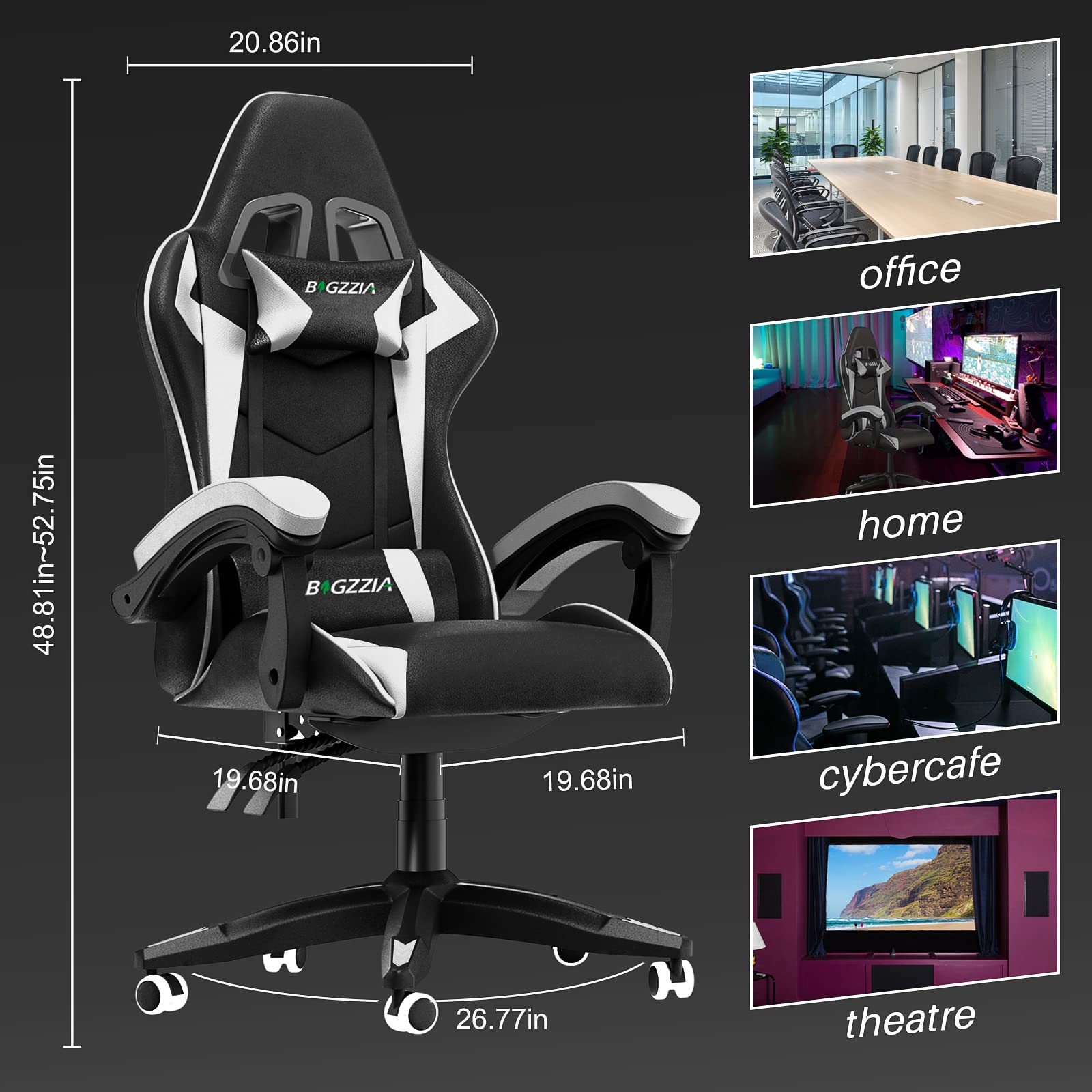 bigzzia Gaming Stuhl Ergonomisch Gaming Chair mit Lendenkissen und Kopfstütze, Gamer Stuhl Höhenverstellbar, Pc Stuhl für Erwachsene Mädchen Junge, Schwarz-weiß 8