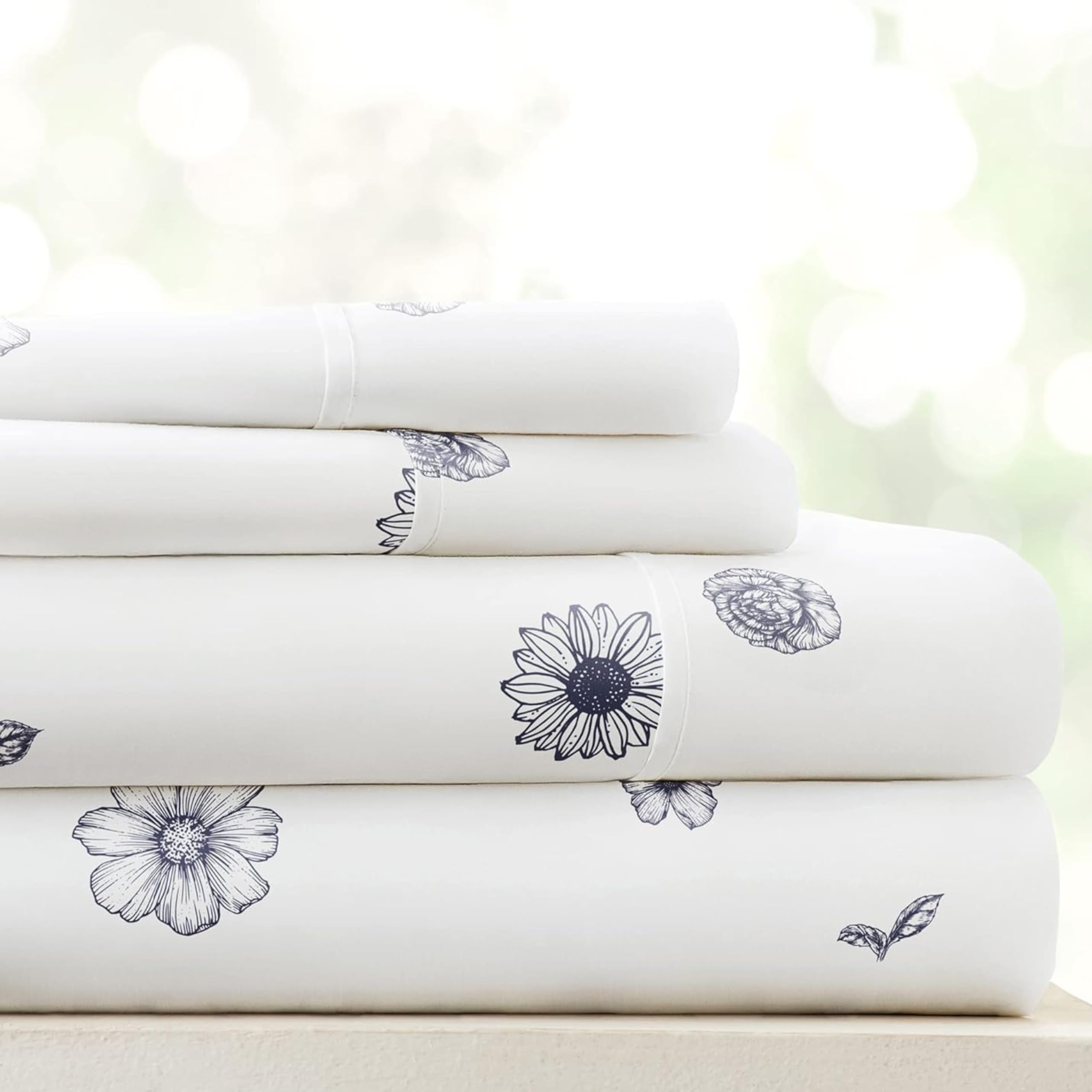 Linen Market Double-Brushed Patterned Microfiber Queen Sheet Set 4 Piece – Oeko-TEX Certified Ultra Soft & Wrinkle-Free - 16" Deep Pocket Sheets - Easy Care Queen Size - Indigo Flowers Navy Image