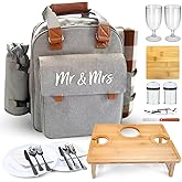 Insulated Picnic Backpack for Couples with Collapsible Bamboo Table – Waterproof Blanket, Wine Glass Holder, Stainless Steel Utensils – Wedding, Engagement, Anniversary, Bridal Gift for 2
