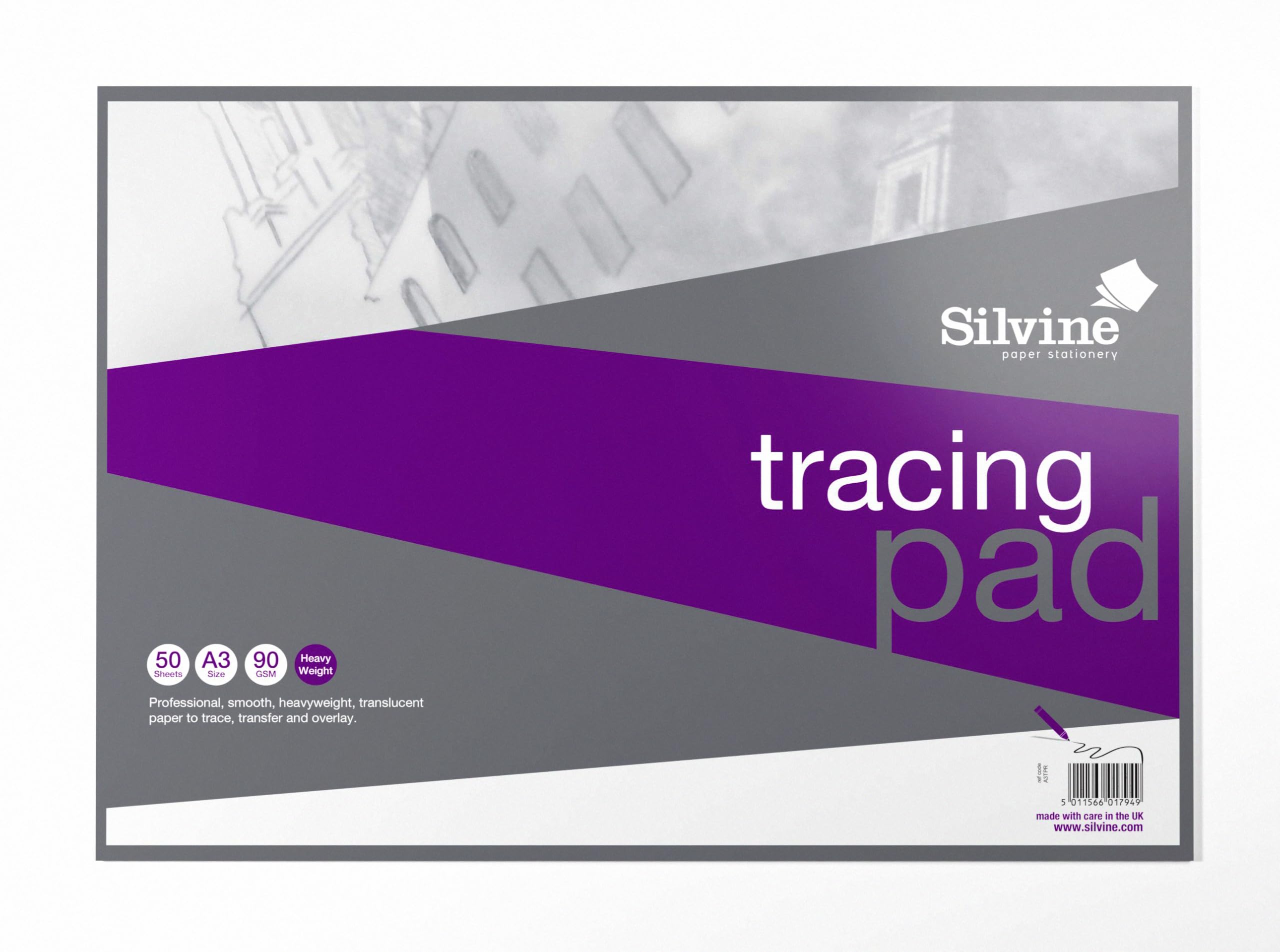 Silvine A3 Professional Tracing Pad. 50 Sheets of Quality Heavyweight Tracing Paper (90gsm) Ref A3TPR