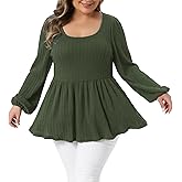 Agnes Orinda Plus Size Blouses for Women Scoop Neck Long Sleeve Ruffle Hem Peplum Knit Top