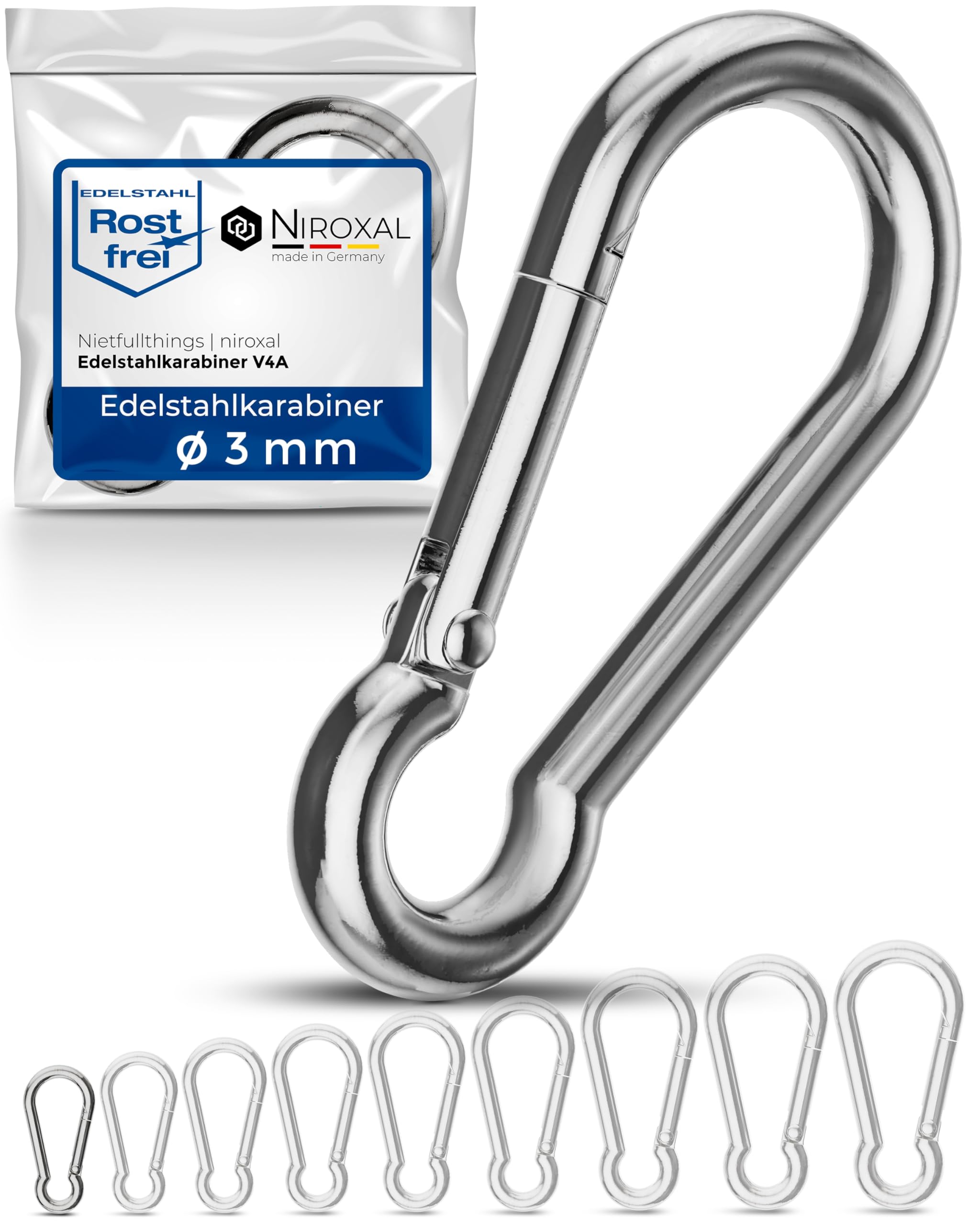 Niroxal 3 mm Stainless Steel Snap Hook – Heavy Duty Carabiner Clip – Marine Grade 316 – Spring Snap Hook – Pack of 4