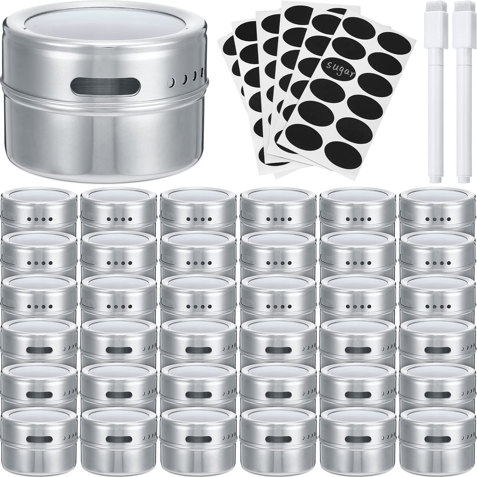 Photo 1 of Chengu 36 Pack Magnetic Spice Jars for Refrigerator 3 oz Magnetic Spice Containers Stainless Steel Seasoning Tins with Clear Lid, with 72 Pcs Labels Marker and 2 Pens for Grill Kitchen Fridge Rack