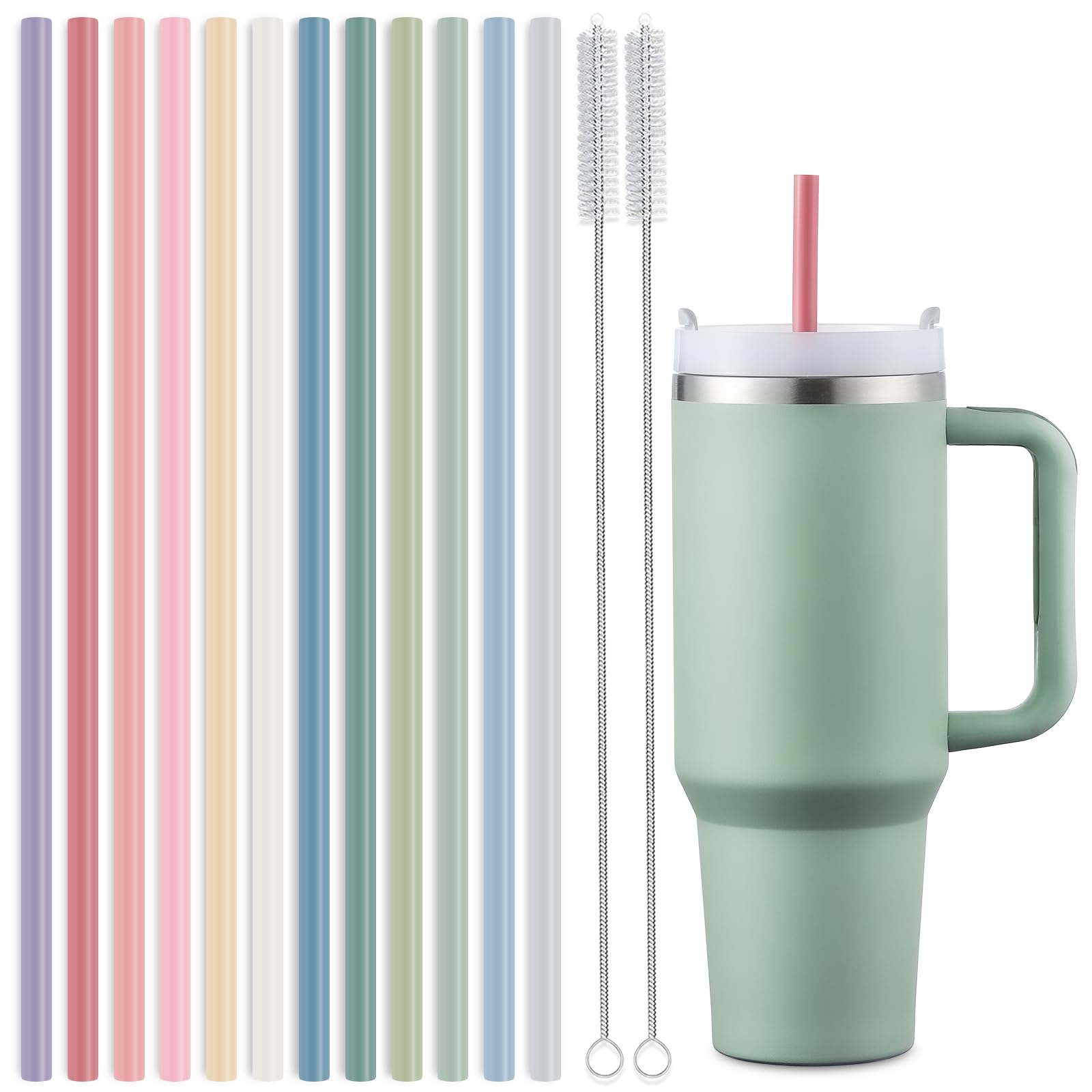 Photo 1 of 12-Pack Silicone Reusable Straws for Stanley 40 oz 30 oz Cup Tumbler, 12.2 inch Long Replacement Straws with 2 Cleaning Brushes