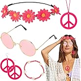 6PCS Hippie Costume Accessories Set, 60s70s Retro Hippie Glasses Peace Sign Earrings and Necklace Sunflower Hair Band