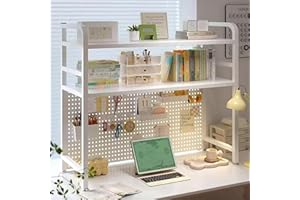 CTREVL 2-Tier Desktop Bookshelf, Space-Saving Desk Shelf with with Pegboard for up to 32" Computer Monitor, Metal Countertop 