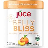 Júce Belly Bliss, Peachy Greens, 30 servings, Probiotics + Greens, Bloating Support with Plant-Based Digestive Enzymes, Dietary Supplement Powder - By Terra Kai Organics