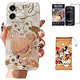 Hosiss Cartoon Case for iPhone 16 6.1" with HD Screen Protector, with Quicksand Cell Phone Holder Strap Soft TPU Shockproof Protective for Girls Women Minnie