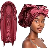Abeillo Long Satin Bonnet for Women Sleeping, Silk Bonnet Large Hair Cap Silk Bonnets with Tie Band for Braids Curly Hair (Wine Red)