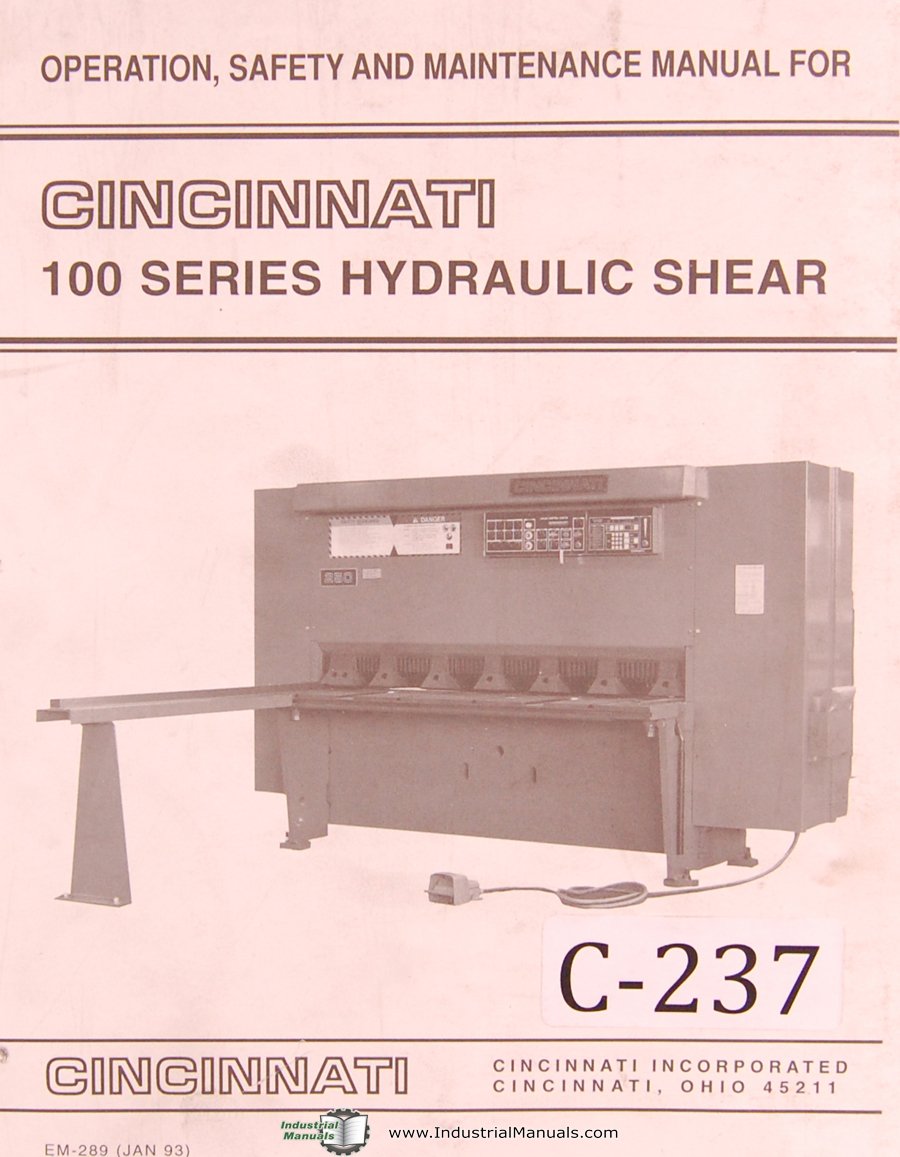 Cincinnati Operators Instruction Parts 100 ~ 750 Series Hydraulic Shear  Manual Plastic Comb – 1992