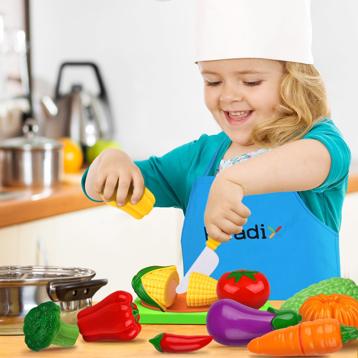 Play Food Cutting Set for Kids Kitchen Play Game with Plastic Velcro Vegetables Cutting Board Set and Apron by Peradix