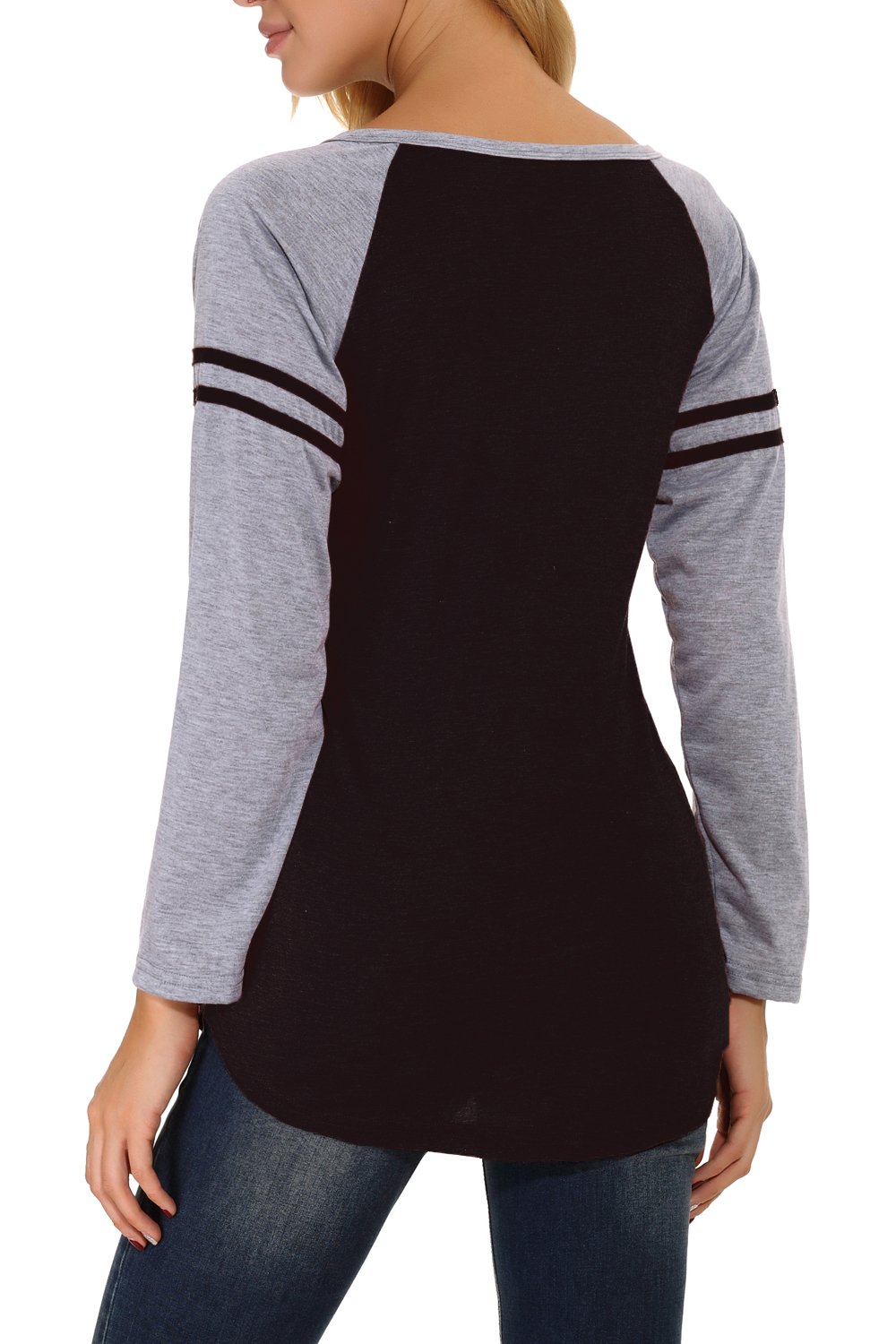 Chvity Womens Raglan Sleeve Striped Tee V Neck Baseball Fall Shirts Top (Black, Medium)