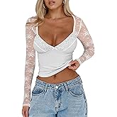 CSDAJIO Women's Sexy Going Out Tops for Women Sweetheart V Neck Long Sleeve Lace Top Low Cut Shirt