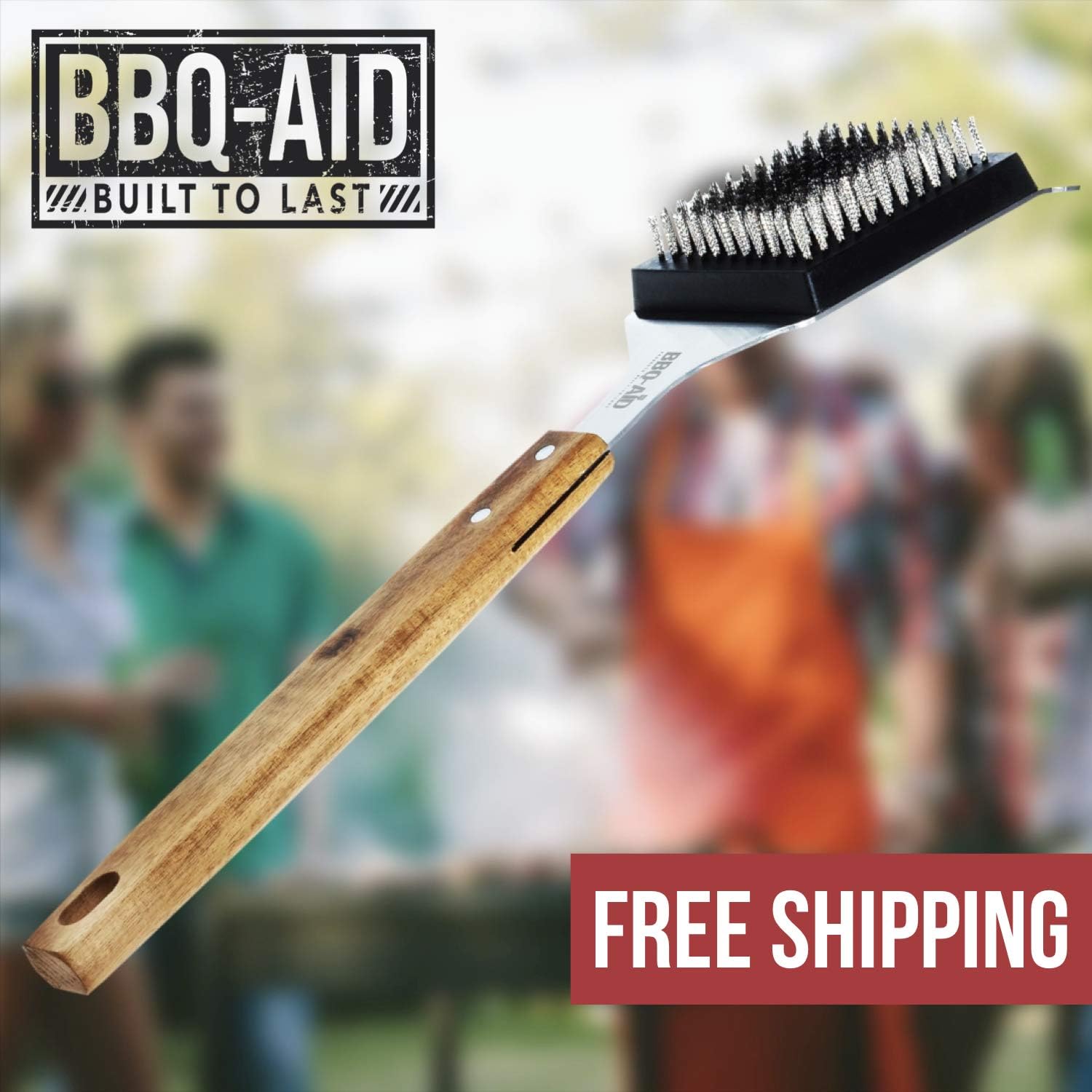 BBQ-Aid Barbecue Grill Brush and Scraper – Extended, Large Wooden Handle and Stainless Steel Bristles – Safe, No Scratch Cleaning - Best for Any Grill: Char Broil & Ceramic – Easy Replaceable Head : Garden & Outdoor