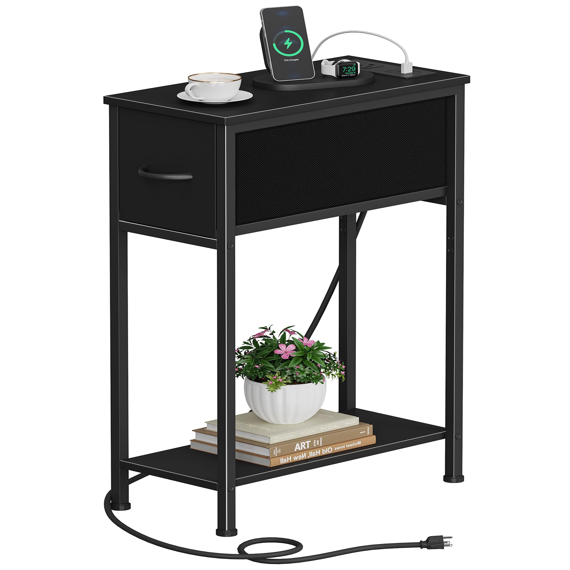 Photo 1 of Vagusicc End Table with Charging Station, Narrow Side Table with Outlets, Skinny Nightstand with Fabric Drawer, Small Night Stand End Tables Living Room, Slim Bedside Tables for Bedroom Small Spaces
