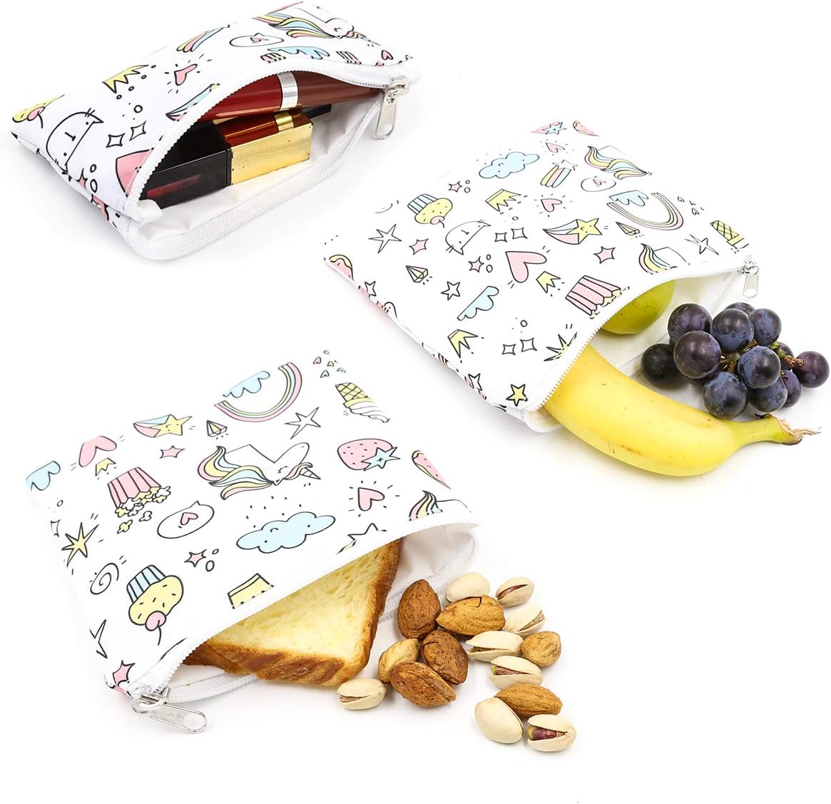 Reusable Snack Bags and Sandwich bags Unicorn Bag for Kids with Zipper-Set of 3, Dishwasher Safe Food Wraps