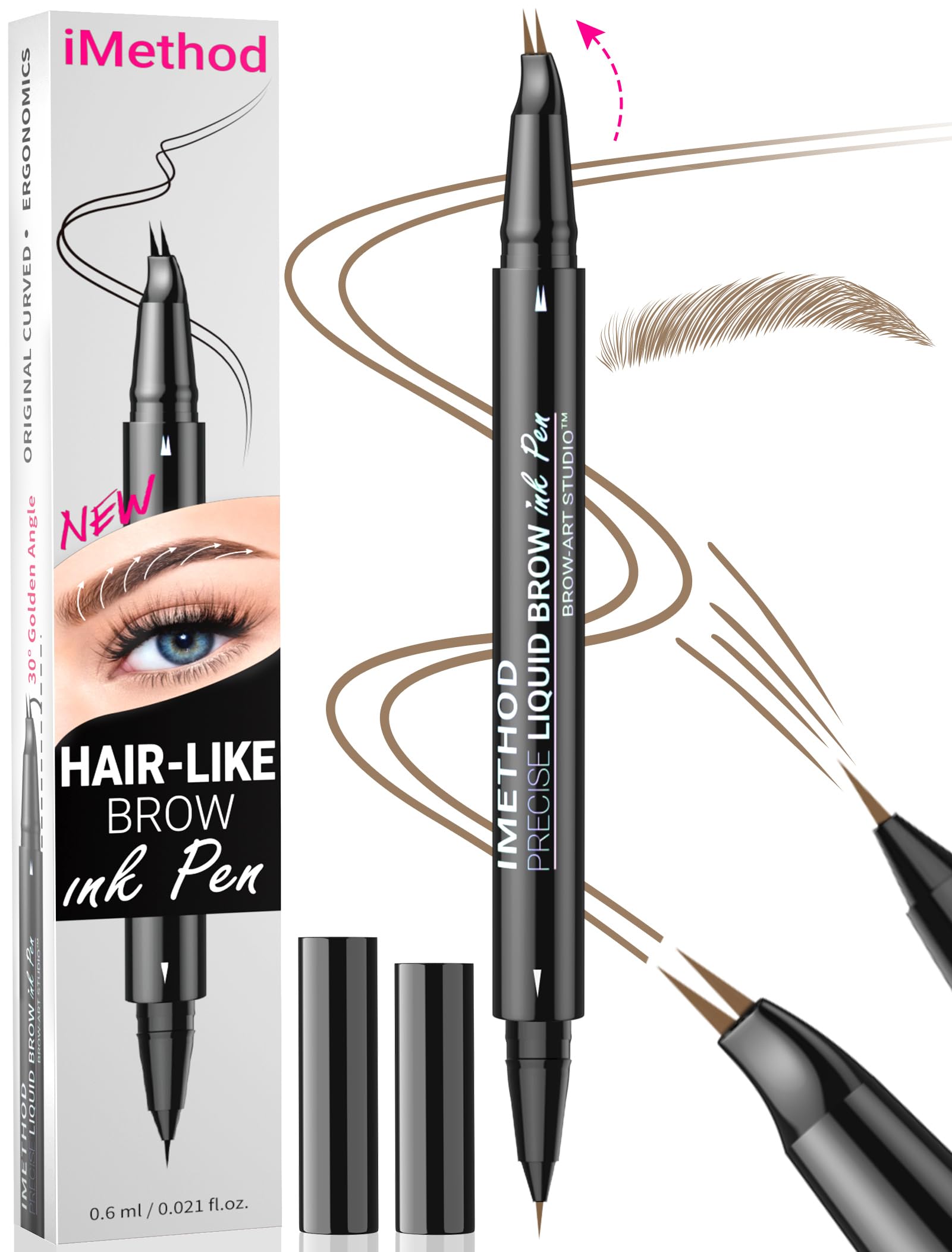 iMethod Curved Eyebrow Pen - Eyebrow Pencil, Brow Pencil 2-in-1 Dual-Ended Microblading Eyebrow Pen with Micro-Fork-Tip and Precise Brush-Tip Create Natural Hair-Like Brows, Last All-Day, Blonde