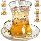 Vissmarta Gold Turkish Arabic Moroccan Tea Glasses Cups Set of 6 and Saucers Glassware Drinking Women Party Fancy Drinkware Style Vintage Persian Kitchen Decor Drinks