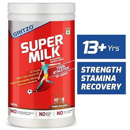 Gritzo SuperMilk, Easy to Absorb Protein Health Drink for Teens (13+ Yrs) with Calcium + D3, Iron, Magnesium, B12. No Refined Sugar, Double Chocolate, 400g