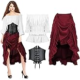 Suhine 3 Pcs Renaissance Pirate Costume Women Medieval Victorian Outfit High Low Skirt Blouse Top Viking Corset