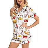 Gifteebox Chicken Nuggets Satin Pajamas Set for Women Y2k 2 Piece Short Sleeve Shirts Matching Pj Shorts Set Multi