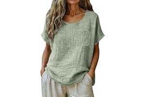 Cotton Linen Top for Women Round Neck Textured Gauze Blouse Casual Loose Fit Summer Short Sleeve Shirt Cotton Tunic