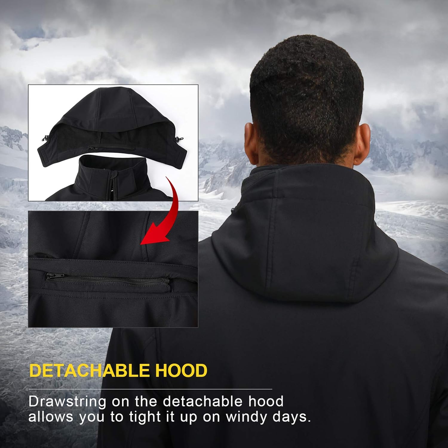 CAMEL Men's Softshell Fleece Jacket Detachable Hooded Soft Shell Windproof Water Resistant Outerwear for Hiking Work Travel: Clothing