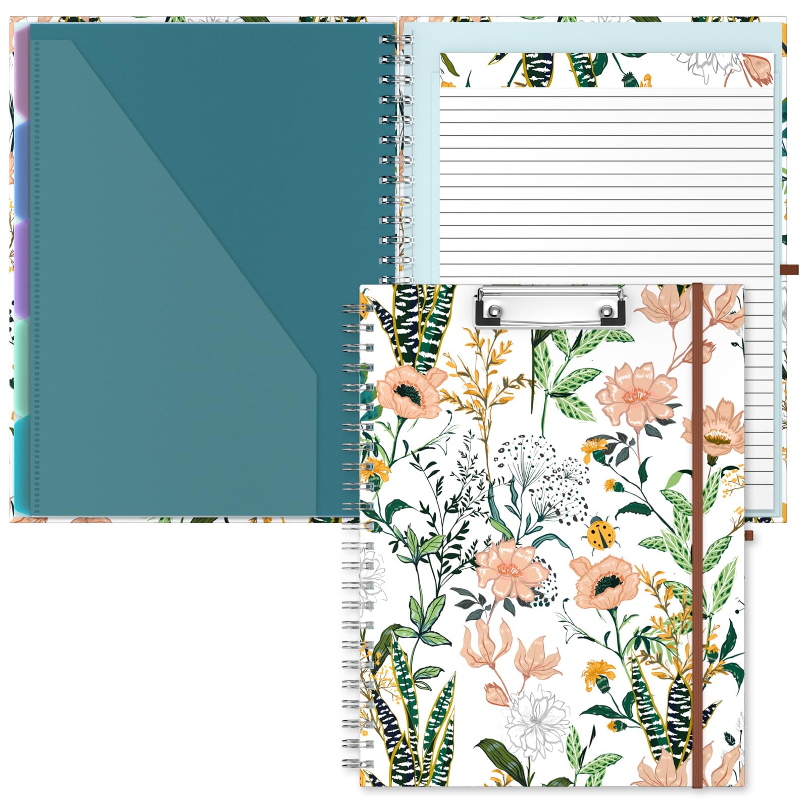 Hnogri Clipboard Folio with Refillable Lined Notepad, Clipboards with 5 A4 Folders Storage 10 Pockets, Spiral Clip Board Portfolio, Size 12.8" x 9.7", Office Supplies, School Supplies, Evergreen