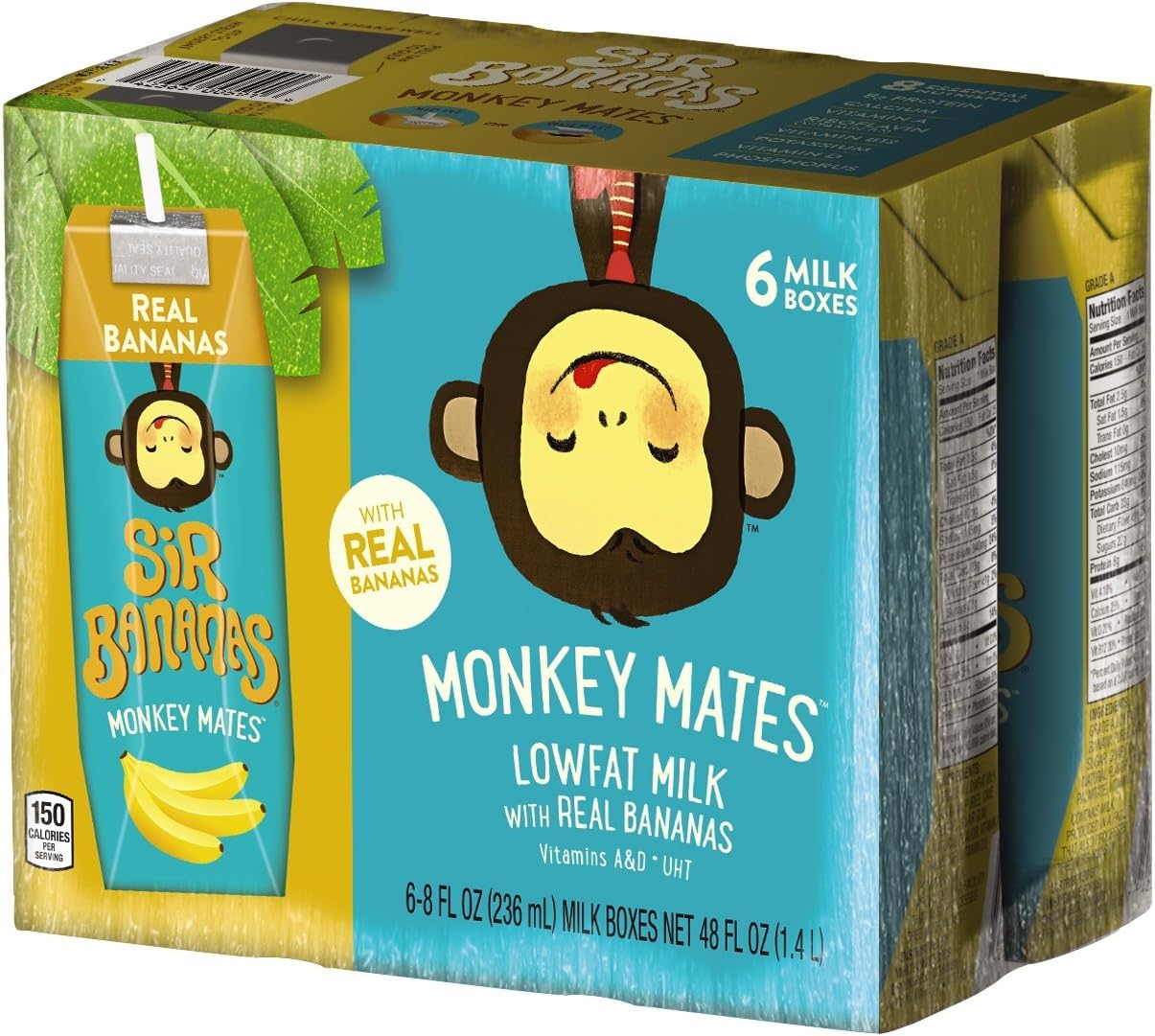 Sir Bananas Monkey Mates, Bananamilk, 8 oz (6 ct), Low Fat Milk with Real Bananas in Individual, Single Serve Milk Box Cartons Ready to Drink, with 8 Grams of Protein