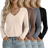 Oakgarden 4 Pack Women's Long Sleeve T-Shirts V Neck Basic Tees Curved Hem Casual Tops Loose Fit Fall Outfits